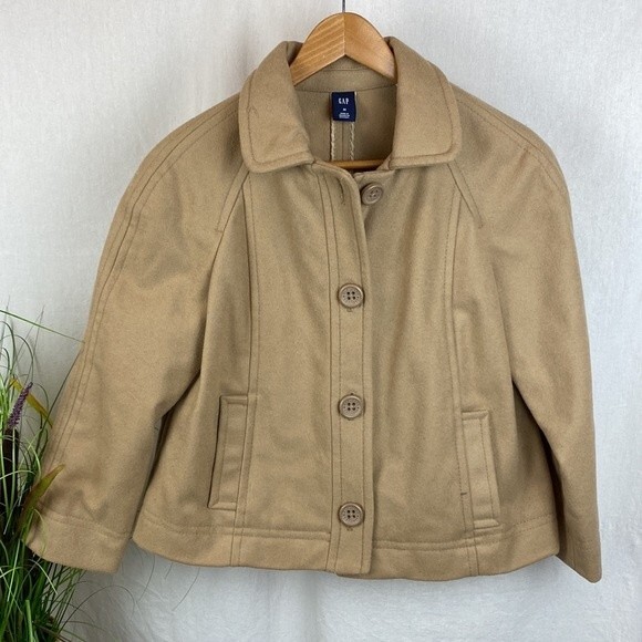 Gap Women's Tan Wool Blend Cropped Winter Pea Coat M - Picture 2 of 7